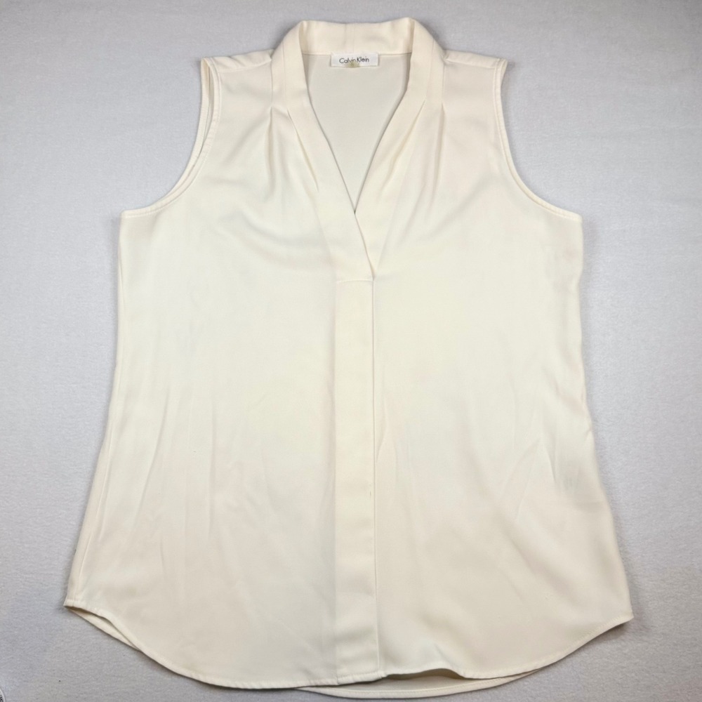 Calvin Klein Womens Sleeveless V-Neck Pleated Blouse Ivory M7TAT596 Size S